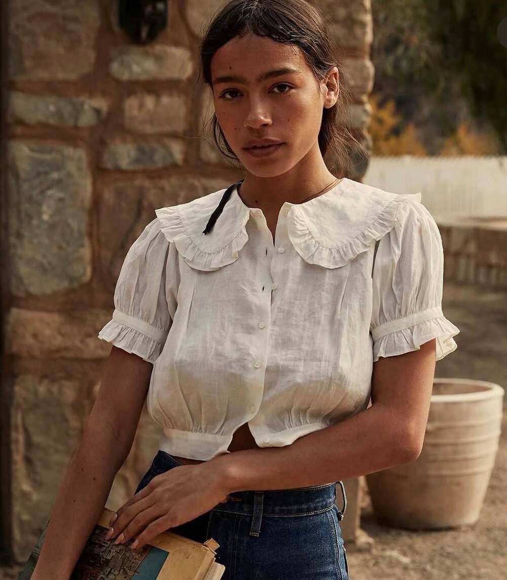 DÔEN Sparrow Blouse with Ruffle Collar in White Ramie sz S